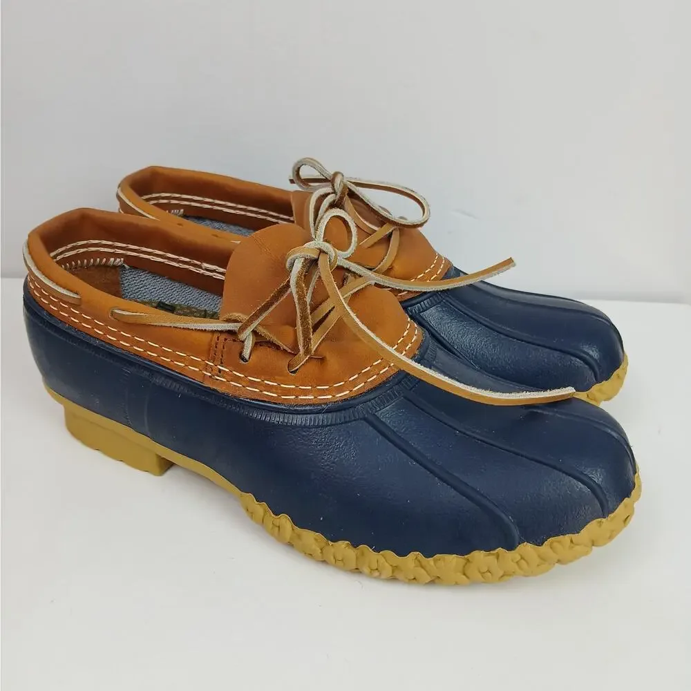 L.L.Bean Women's SZ 9M Bean Boots, Rubber Mocs Tan Bright Navy Runs 1 SZ LG